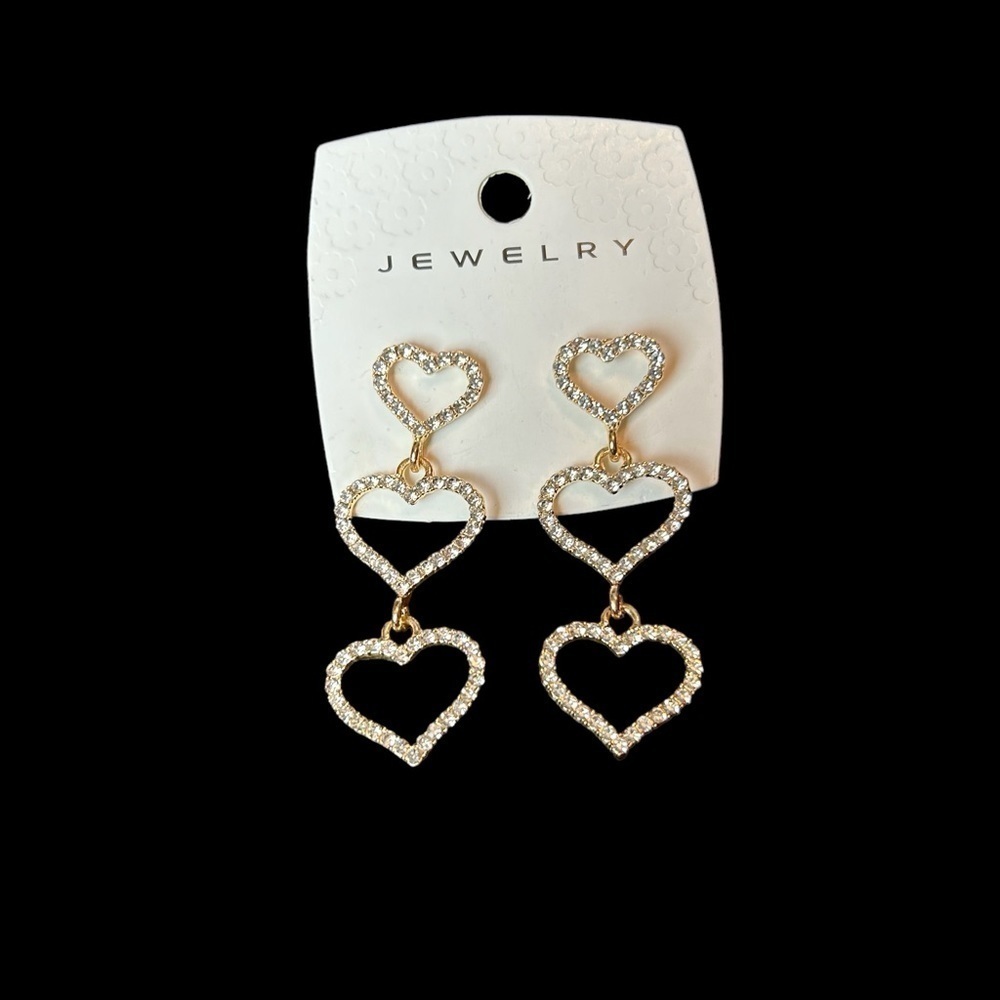 Heart Trio Rhinestone Goldtone Pierced Post Drop Earrings - Picture 2 of 8